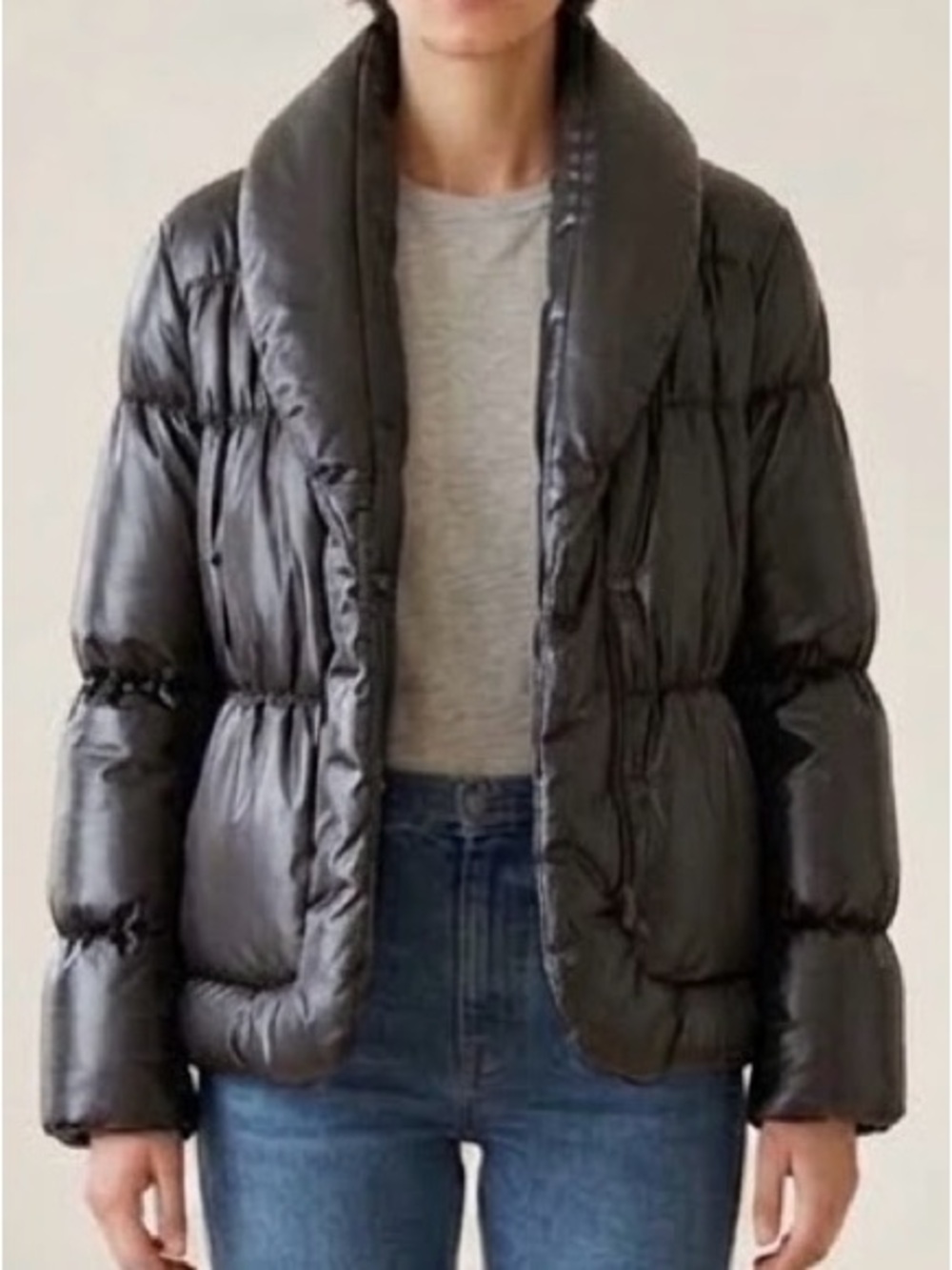 Converse One Star Shawl Collar Quilted Puffer Jacket Black Coat Sz M Pockets EUC
